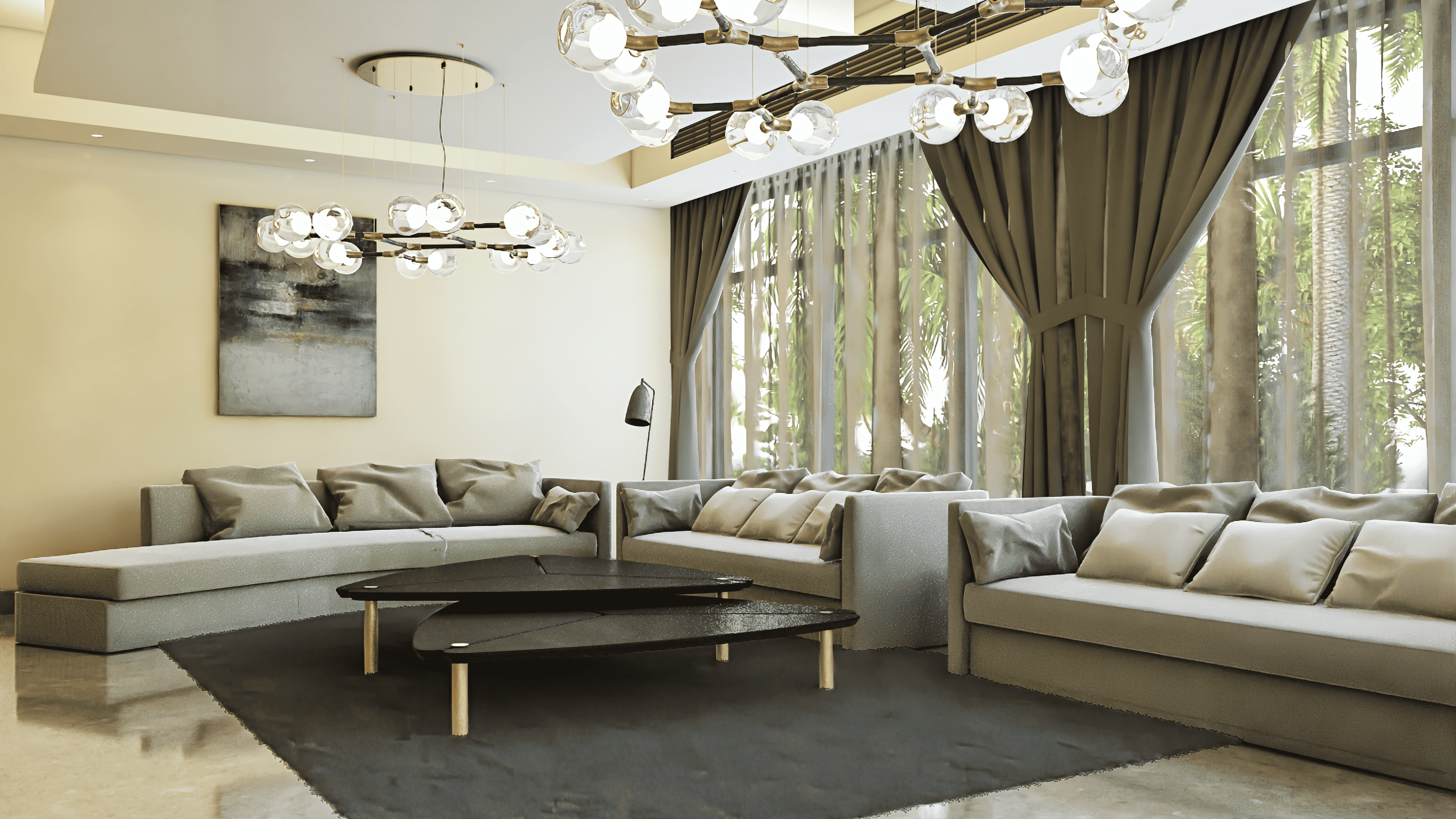 Bright luxury living room with globe chandeliers